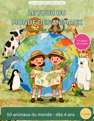 Couverture de Le Tour du Monde des Animaux - Cahier de Coloriage Enfant dès 4 ans: Grand Cahier de Coloriage - 50 animaux du monde - dès 4 ans